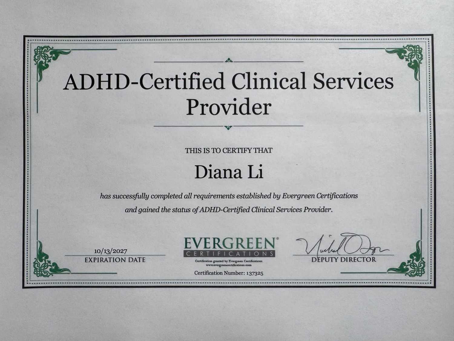 ADHD-Certified Clinical Services Provider certificate for Diana Li.