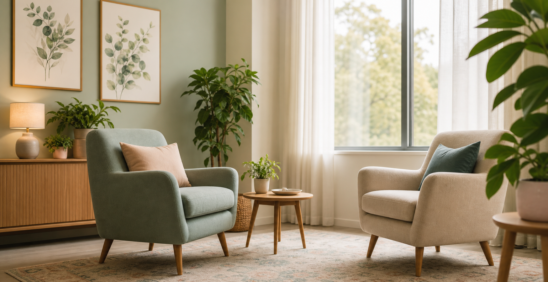 A calm therapy office with soft light, comfortable chairs, and plants.